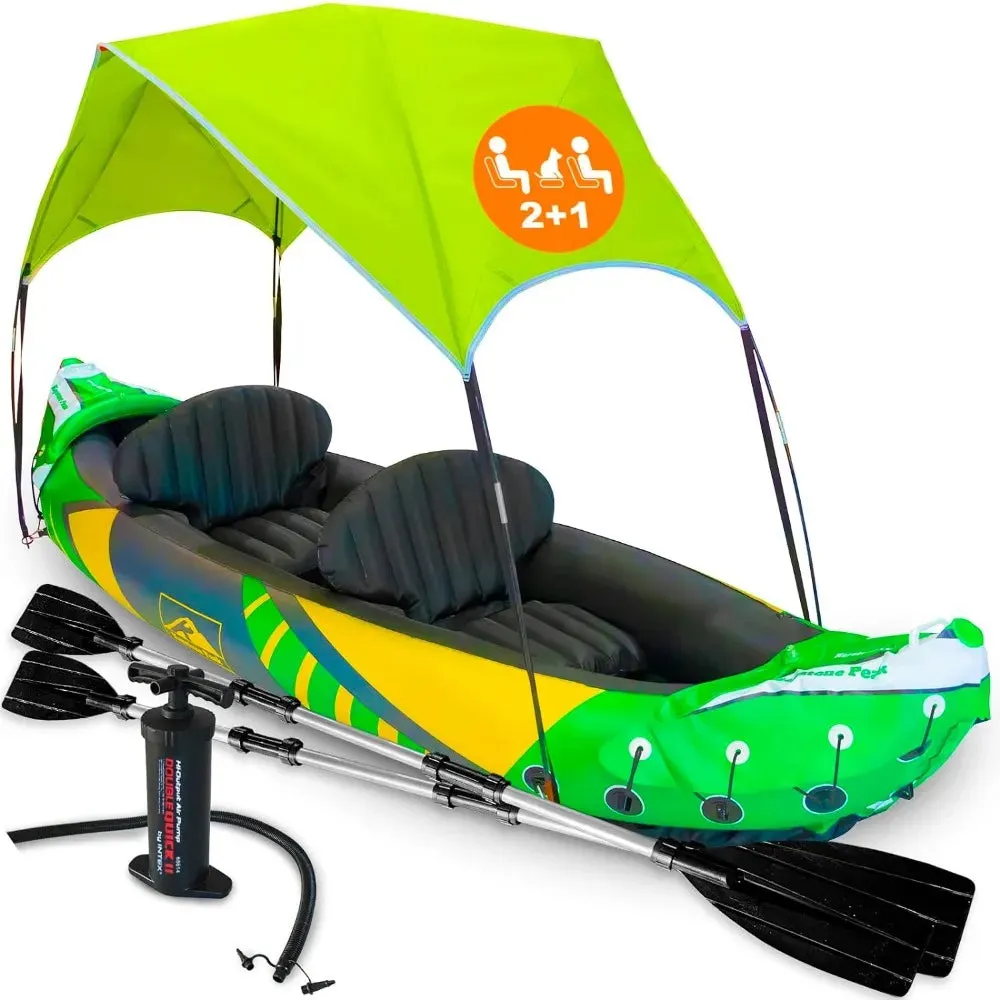 2 Person Inflatable Kayak with Exclusive Sun Canopy (Detachable)   Kayaks for Adults   3rd Seat for Dog/Child