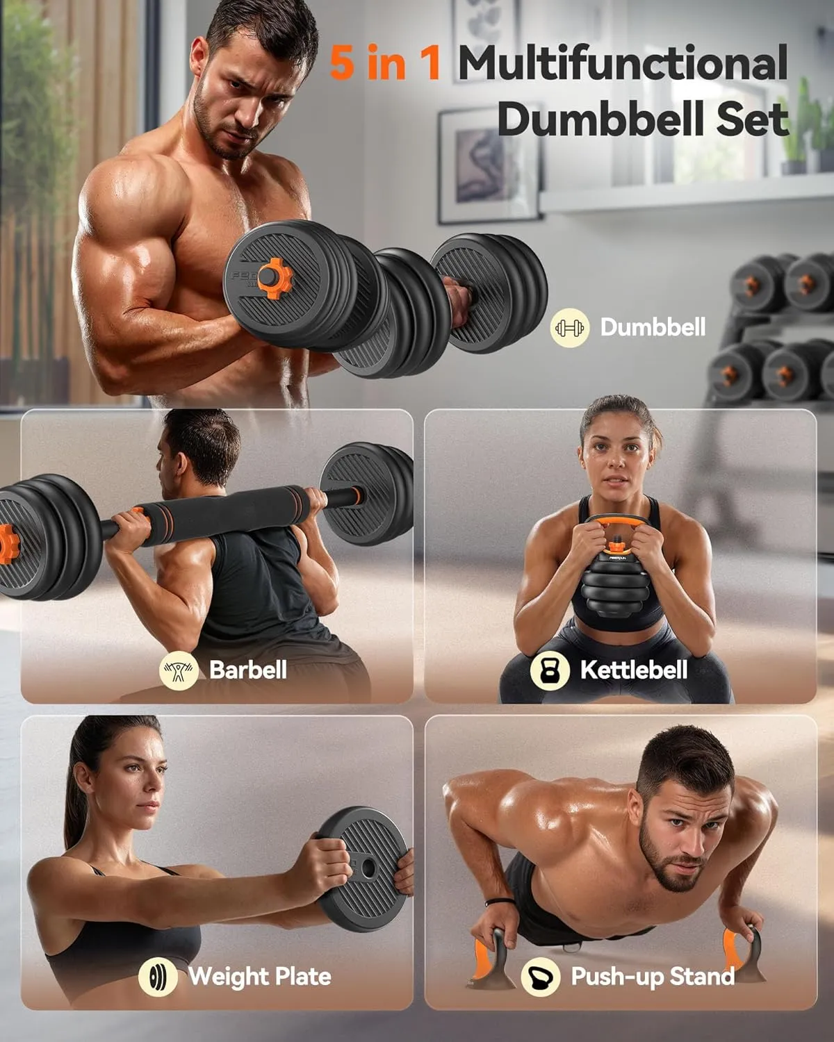 Adjustable Dumbbells, 20/30/40/45/70/90lbs Free Weight Set W/ Connector, 5 in1 Dumbbells Set