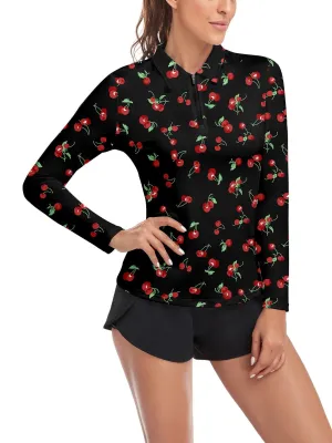 Cherry Print Long-sleeve Golf Shirt for Women