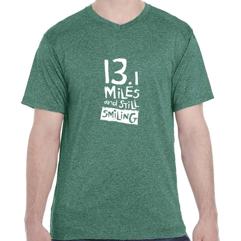 Men's Heathersoft Tech Short Sleeve Shallow V - "13.1 Miles And Still Smiling"