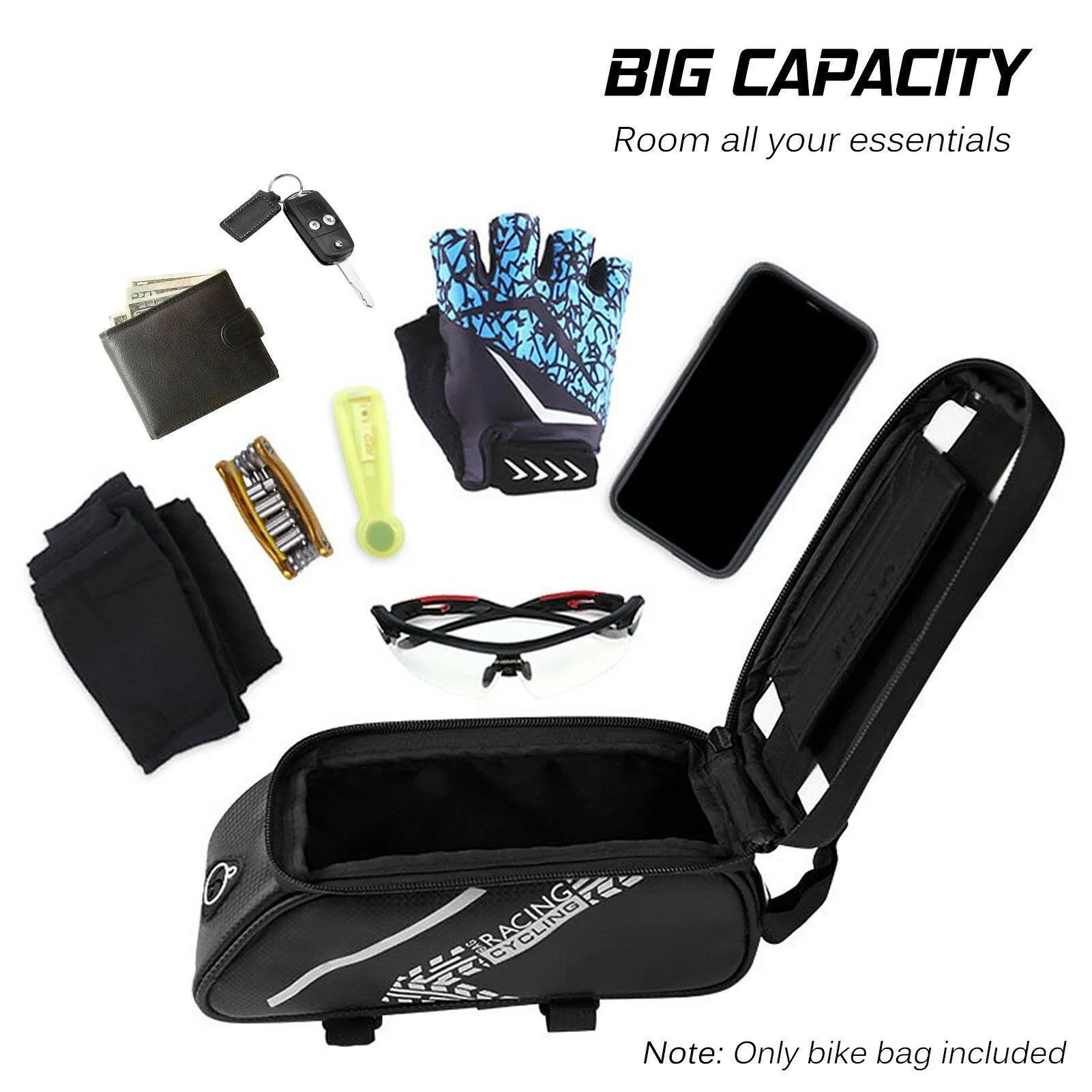 Touch Screen Bike Handlebar Bag Waterproof Front Frame Top Tube Bicycle Pouch Large Capacity Cycling Front Storage Bag for 7in Large Screen