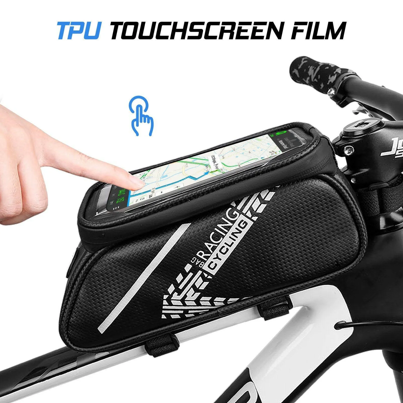 Touch Screen Bike Handlebar Bag Waterproof Front Frame Top Tube Bicycle Pouch Large Capacity Cycling Front Storage Bag for 7in Large Screen